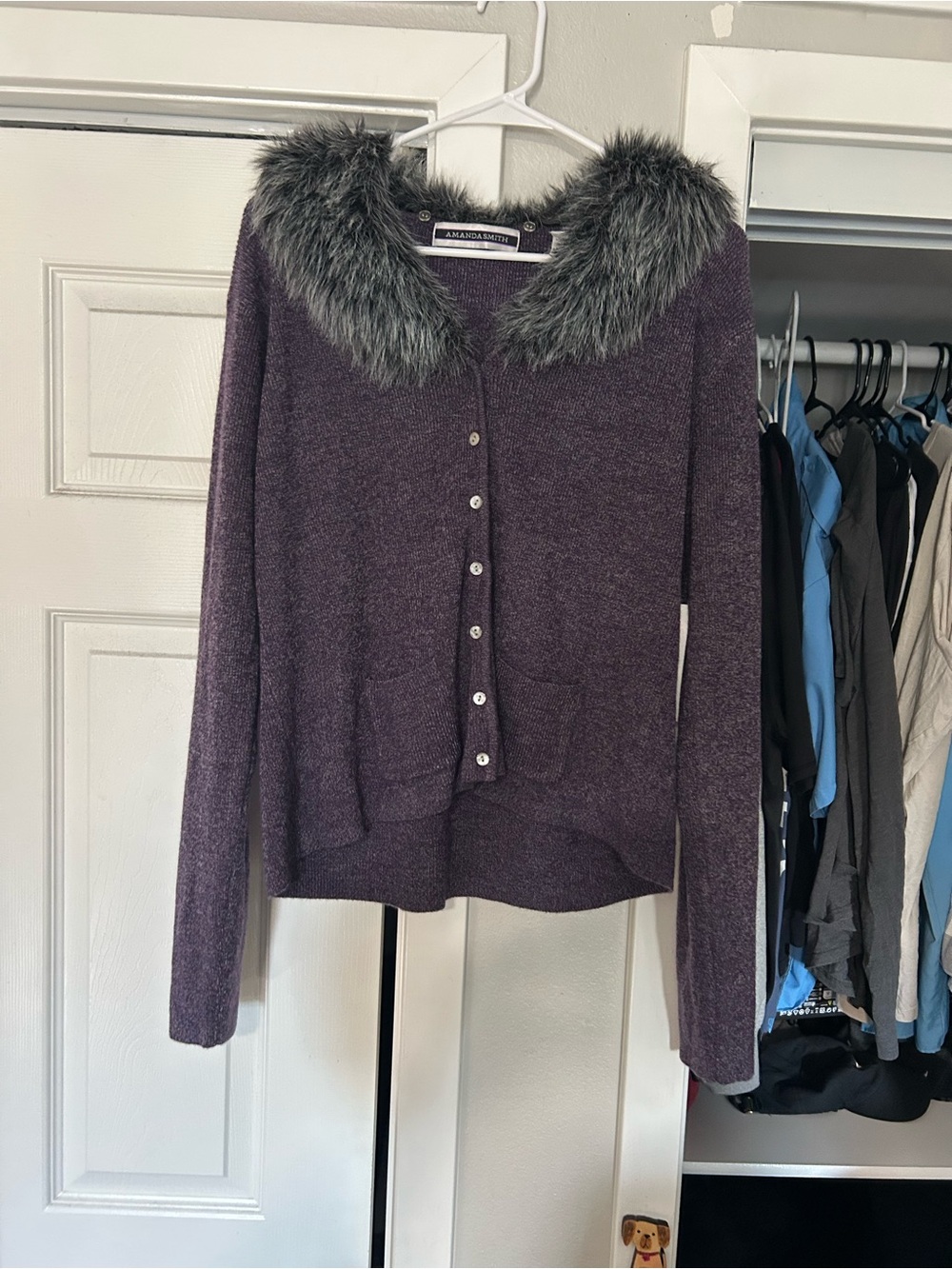 Amanda Smith Plum Button-Front Cardigan with Faux-Fur Collar